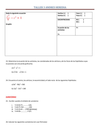 TALLER 3 ANDRES HEREDIA
Dada la siguiente ecuación
Graphic
Vertice 1 ( )
Vertice 2 ( )
Foco 1 ( )
Foco 2 ( )
EXCENTRICIDAD B1 ( )
B2 ( )
Ecuación de las
asintotas
Y=
Y=
23. Determina la ecuación de las asíntotas, las coordenadas de los vértices y de los focos de las hipérbolas cuyas
ecuaciones son (recuerda graficarlas.
a) x2
- y2
= 1
b) x2
/16 - y2
/16 = 1
24. Encuentra el centro, los vértices, la excentricidad y el lado recto de las siguientes hipérbolas:
a) 8x2
- 90y2
= 360
b) 12y2
- 15x2
= 180
SUMATORIAS
25. Escribir usando el símbolo de sumatoria:
i. 1+3+5+7+...........+23.
ii. 1+4+7+10+..........+43
iii. 1+2+3+4+.... (100 términos)
iv. 1+4+9+.............+121.
26. Calcular las siguientes sumatorias (sin usar fórmulas)
 