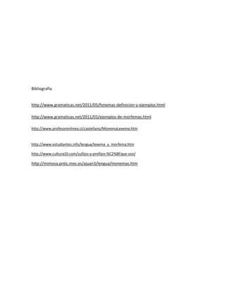 Bibliografia


http://www.gramaticas.net/2011/05/fonemas-definicion-y-ejemplos.html

http://www.gramaticas.net/2011/01/ejemplos-de-morfemas.html

http://www.profesorenlinea.cl/castellano/MonemaLexema.htm


http://www.estudiantes.info/lengua/lexema_y_morfema.htm

http://www.cultura10.com/sufijos-y-prefijos-%C2%BFque-son/

http://mimosa.pntic.mec.es/ajuan3/lengua/monemas.htm
 