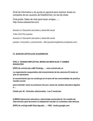 Chat de Informatica y de ayuda en general para resolver dudas en
compañia de los usuarios de EstoEsChat y la red de chats.
Chat gratis. Salas de chat para hacer amigos,... -
http://www.estoeschat.com/
lanacion.cl: Educación parvularia y desarrollo social
3 Nov 2010 Por juandon
lanacion.cl: Educación parvularia y desarrollo social.
juandon. Innovación y conocimiento - http://juandomingofarnos.wordpress.com/.
21. BUSCAR ARTICULOS ACADEMICOS
PDF] 3. TEORIAS IMPLÍCITAS, MODELOS MENTALES Y CAMBIO
EDUCATIVO
[PDF] de unimet.edu.veMJ Rodrigo… - ares.unimet.edu.ve
La organización esquemática del conocimiento de los alumnos El modo en
que se representa
el conocimiento que se construye en el seno de las comunidades de práctica
resulta crucial
para entender cómo se producen los pro- cesos de cambio educativo ligados
a ...
Citado por 42 - Artículos relacionados - Las 2 versiones
[LIBRO] Interacción educativa y desventaja sociocultural: Un modelo de
intervención para favorecer la adaptación escolar en contextos inter-étnicos
[PDF] de unirioja.esMJ Diaz-Aguado… - 1993 - books.google.com
 