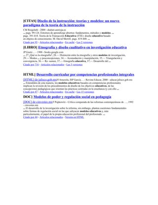 [CITAS] Diseño de la instrucción: teorías y modelos: un nuevo
paradigma de la teoría de la instrucción
CM Reigeluth - 2000 - dialnet.unirioja.es
... pags. 99-124. Entornos de aprendizaje abiertos: fundamentos, métodos y modelos. ...
pags. 391-418. Teoría de la Transacción Educativa (TTE): diseño educativo basado
en objetos de conocimiento. M. David Merrill. pags. 419-448. ...
Citado por 95 - Artículos relacionados - En caché - Las 2 versiones
[LIBRO] Etnografía y diseño cualitativo en investigación educativa
JP Goetz… - 1988 - books.google.com
... 27 ¿Qué es la etnografía?, 28.— Distinción entre la etnografía y otros modelos de investigación,
29.— Modos ... y posconcepciones, 34.— Acomodación y manipulación, 35.— Triangulación y
convergencia, 36.— Re- sumen, 37.— Etnografía educativa, 37.— Desarrollo del ...
Citado por 716 - Artículos relacionados - Las 5 versiones
HTML] Desarrollo curricular por competencias profesionales integrales
[HTML] de jalisco.gob.mxH Amezola, ISP García… - Revista Educar, 2000 - educar.jalisco.gob.mx
... Entendidos de esta manera, los modelos educativos basados en competencias profesionales
implican la revisión de los procedimientos de diseño de los objetivos educativos, de las
concepciones pedagógicas que orientan las prácticas centradas en la enseñanza (y con ello ...
Citado por 47 - Artículos relacionados - En caché - Las 15 versiones
DOC] Modelos de poder y regulación social en pedagogía
[DOC] de cinvestav.mxT Popkewitz - Crítica comparada de las reformas contemporáneas de …, 1992
- cinvestav.mx
... El desarrollo de la investigación sobre la reforma, sin embargo, plantea cuestiones fundamentales
sobre formas de regulación social en las que subyacen modelos educativos y, más
particularmente, el papel de la propia educación profesional del profesorado. ...
Citado por 44 - Artículos relacionados - Versión en HTML
 