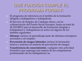 QUE FUNCIÓN CUMPLE EL PROGRAMA FORMAT:El programa de referencia en el ámbito de la formación dirigida a trabajadores y trabajadorasEl Servicio de Empleo de Cataluña ofrece, con la cofinanciación del Fondo Social Europeo, hasta un total de 26.310.000 € para el desarrollo de formación dirigida a trabajadores y trabajadoras en activo en alguno de los ámbitos siguientes:Idiomas: incluye el aprendizaje tanto de idiomas extranjeros asociados a un empleo.Prevención de riesgos laborales: incluye la formación teórica y práctica en materia de prevención de riesgos.Transferencia de conocimientos: cualquier otra actividad formativa que suponga una mejora de las competencias profesionales de los trabajadores/as. 
