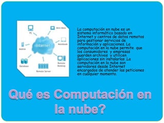 Concepto
La computación en nube es un
sistema informático basado en
Internet y centros de datos remotos
para gestionar servicios de
información y aplicaciones. La
computación en la nube permite que
los consumidores y empresas
guarden archivos y utilicen
aplicaciones sin instalarlas .La
computación en la nube son
servidores desde Internet
encargados de atender las peticiones
en cualquier momento.
 