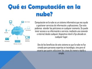 Computación en la nube es un sistema informativo que nos ayuda
a gestionar servicios de información y aplicaciones. Con esta
podemos atender las peticiones en cualquier momento. Se puede
tener acceso a su información o servicio, mediante una conexión
a internet desde cualquier dispositivo móvil o fijo ubicado en
cualquier lugar.
Uno de los beneficios de este sistema es que la nube no fue
creada para personas expertas en tecnología, sino para el
usuario que quiere solucionar las cosas de manera rápida y
simple.
 