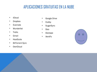  APLICACIONES GRATUITAS EN LA NUBE 
• iCloud
• Dropbox
• Evernote
• Wunderlist
• Trello
• Gmail
• HootSuite
• BitTorrent Sync
• OwnCloud
• Google Drive
• Cubby
• SugarSync
• Doo
• Doctape
• AeroFs
 