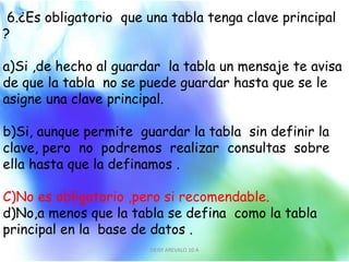 6.¿Es obligatorio que una tabla tenga clave principal
?
a)Si ,de hecho al guardar la tabla un mensaje te avisa
de que la tabla no se puede guardar hasta que se le
asigne una clave principal.
b)Si, aunque permite guardar la tabla sin definir la
clave, pero no podremos realizar consultas sobre
ella hasta que la definamos .
C)No es obligatorio ,pero si recomendable.
d)No,a menos que la tabla se defina como la tabla
principal en la base de datos .
DEISY AREVALO 10 A 7
 
