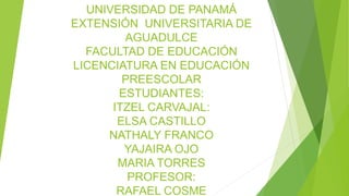 UNIVERSIDAD DE PANAMÁ
EXTENSIÓN UNIVERSITARIA DE
AGUADULCE
FACULTAD DE EDUCACIÓN
LICENCIATURA EN EDUCACIÓN
PREESCOLAR
ESTUDIANTES:
ITZEL CARVAJAL:
ELSA CASTILLO
NATHALY FRANCO
YAJAIRA OJO
MARIA TORRES
PROFESOR:
RAFAEL COSME
 