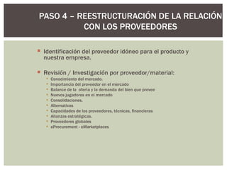 Identificación del proveedor idóneo para el producto y nuestra empresa. Revisión / Investigación por proveedor/material: Conocimiento del mercado. Importancia del proveedor en el mercado Balance de la  oferta y la demanda del bien que provee Nuevos jugadores en el mercado Consolidaciones,  Alternativas Capacidades de los proveedores, técnicas, financieras Alianzas estratégicas. Proveedores globales eProcurement - eMarketplaces  PASO 4 – REESTRUCTURACIÓN DE LA RELACIÓN CON LOS PROVEEDORES 