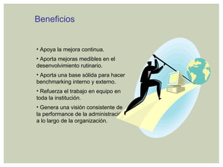 Apoya la mejora continua. Aporta mejoras medibles en el desenvolvimiento rutinario. Aporta una base sólida para hacer benchmarking interno y externo. Refuerza el trabajo en equipo en toda la institución. Genera una visión consistente de la performance de la administración a lo largo de la organización. Beneficios 
