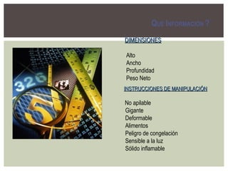 Q UÉ  I NFORMACIÓN  ? DIMENSIONES Alto Ancho Profundidad Peso Neto INSTRUCCIONES DE MANIPULACIÓN No apilable Gigante Deformable Alimentos Peligro de congelación Sensible a la luz Sólido inflamable 