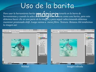 Para usar la herramienta barita mágica debemos seleccionarla en la barra de
herramientas y cuando la seleccionemos el puntero se vera como una barita, para esto
debemos hacer clic en una parte de la imagen y para seguir seleccionando debemos
mantener presionado shift, Luego vamos a menú filtro- Textura- Retazos Ahí tendremos
la imagen así:




                Normal                                     Imagen editada
 