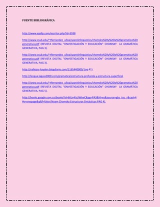 FUENTE BIBLIOGRÁFICA



http://www.epdlp.com/escritor.php?id=3938

http://www.csub.edu/~tfernandez_ulloa/spanishlinguistics/chomsky%20y%20la%20gramatica%20
generativa.pdf (REVISTA DIGITAL “ONVESTIGACIÓN Y EDUCACIÓN” CHOMSKY LA GRAMÁTICA
GENERATIVA, PAG 3).

http://www.csub.edu/~tfernandez_ulloa/spanishlinguistics/chomsky%20y%20la%20gramatica%20
generativa.pdf (REVISTA DIGITAL “ONVESTIGACIÓN Y EDUCACIÓN” CHOMSKY LA GRAMÁTICA
GENERATIVA, PAG 3).

http://vallejos-hayden.blogdiario.com/1165440000/ (pg.41).

http://lengua.laguia2000.com/gramatica/estructura-profunda-y-estructura-superficial

http://www.csub.edu/~tfernandez_ulloa/spanishlinguistics/chomsky%20y%20la%20gramatica%20
generativa.pdf (REVISTA DIGITAL “ONVESTIGACIÓN Y EDUCACIÓN” CHOMSKY LA GRAMÁTICA
GENERATIVA, PAG 5).

http://books.google.com.co/books?id=6tUv4IzUWtwC&pg=PA3&hl=es&source=gbs_toc_r&cad=4
#v=onepage&q&f=false (Noam Chomsky Estructuras Sintácticas PAG 4).
 