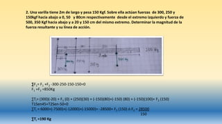 2. Una varilla tiene 2m de largo y pesa 150 Kgf. Sobre ella actúan fuerzas de 300, 250 y
150kgf hacia abajo a 0, 50 y 80cm respectivamente desde el extremo izquierdo y fuerza de
500, 350 Kgf hacia abajo y a 20 y 150 cm del mismo extremo. Determinar la magnitud de la
fuerza resultante y su línea de acción.
∑F1= F1 +F2 -300-250-150-150=0
F1 +F2 =850Kg
∑Ti= (300)(-20) + F1 (0) + (250)(30) + (-150)(80)+(-150) (80) + (-150)(100)+ F2 (150)
T1Sen45+T2Sen-50=0
∑Ti = 6000+(-7500)+(-12000)+(-15000)= -28500+ F2 (150) ó F2 = 28500
150
∑Ti =190 Kg
 
