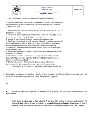 Servicios de
Salud.
Regional Antioquia
Servicios de Salud
Modalidades de pago de servicios de salud
Decreto 4747 de 2007
Página 1 de 5
2. Modelo de prestación de servicios definido por el prestador.
4. Indicadores de calidad en la prestación de servicios, definidos en el Sistema de
Información para la Calidad del Sistema Obligatorio de Garantía de Calidad de
la Atención en Salud.
b. Por parte de las entidades responsables del pago de los servicios de salud de la
población a su cargo:
1. Información general de la población objeto del acuerdo de voluntades con los
datos sobre su ubicación geográfica y perfil demográfico.
2. Modelo de atención definido por la entidad responsable del pago.
3. Diseño y organización de la red de servicios, indicando el nombre, ubicación de
los prestadores de servicios de salud con el tipo y complejidad de los servicios
contratados, que garanticen la oportunidad, integralidad, continuidad y
accesibilidad a la prestación de servicios de la población a cargo de la entidad
responsable del pago.
4. Mecanismos y medios de difusión y comunicación de la red de prestación de
servicios a los usuarios.
5. Indicadores de calidad en los servicios de aseguramiento definidos en el
Sistema de Información par la Calidad del Sistema Obligatorio de Garantía de
Calidad de la Atención en Salud.
6. Diseño, organización y documentación del proceso de referencia y
contrarreferencia que involucre las normas operacionales, sistemas de
información y recursos logísticos requeridos para la operación de la red.
5. Construya un cuadro comparativo donde se aprecie cuales son las condiciones mínimas para los
acuerdos de voluntades mediante el pago de capitación y evento.
R
6. Defina que es triage y verificación de derechos y explique cual de los dos procedimientos se
hará primero.
R los dos procedimientos se hará primero. Primero se debe realizar la selección y clasificación del
paciente triage, y luego de este se realizara el procedimiento deverificación de derechos el cual no
podrá ser causa bajo ninguna circunstancia para posponer la atención inicial de urgencias. TRIAGE.
 