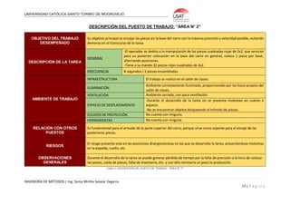 UNIVERSIDAD CATÓLICA SANTO TORIBIO DE MOGROVEJO
INGENIERÍA DE MÉTODOS | Ing. Sonia Mirtha Salazar Zegarra
17 | P á g i n a
DESCRIPCIÓN DEL PUESTO DE TRABAJO: “ÁREA N° 2”
OBJETIVO DEL TRABAJO
DESEMPEÑADO
Su objetivo principal es encajar las piezas en la base del carro con la máxima precisión y velocidad posible, evitando
demoras en el transcurso de la tarea
DESCRIPCIÓN DE LA TAREA
GENERAL
-El operador se dedica a la manipulación de las piezas cuadradas rojas de 2x2, que servirán
para su posterior colocación en la base del carro en general, coloca 1 pieza por base,
alternando posiciones.
-Tiene a su mando 32 piezas rojas cuadradas de 2x2.
FRECUENCIA 8 segundos / 2 piezas ensambladas
AMBIENTE DE TRABAJO
INFRAESTRUCTURA El trabajo se realizó en el salón de clases.
ILUMINACIÓN
Ambiente correctamente iluminado, proporcionado por los focos propios del
salón de clases.
VENTILACIÓN Ambiente cerrado, con poca ventilación.
ESPACIO DE DESPLAZAMIENTO
-Durante el desarrollo de la tarea no se presenta molestias en cuánto a
espacio.
-No se encuentran objetos bloqueando el tránsito de piezas.
EQUIPOS DE PROTECCIÓN No cuenta con ninguno.
HERRAMIENTAS No cuenta con ninguna.
RELACIÓN CON OTROS
PUESTOS
Es fundamental para el armado de la parte superior del carro, porque sirve como soporte para el encaje de las
posteriores piezas.
RIESGOS
El riesgo presente está en las posiciones disergonómicas en las que se desarrolla la tarea, presentándose molestias
en la espalda, cuello, etc.
OBSERVACIONES
GENERALES
Durante el desarrollo de la tarea se puede generar pérdida de tiempo por la falta de precisión a la hora de colocar
las piezas, caída de piezas, falta de inventario, etc. y con ello retrasaría un poco la producción.
Tabla 5: DESCRIPCIÓN DEL PUESTO DE TRABAJO: “ÁREA N° 2”
 
