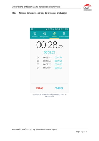 UNIVERSIDAD CATÓLICA SANTO TORIBIO DE MOGROVEJO
INGENIERÍA DE MÉTODOS | Ing. Sonia Mirtha Salazar Zegarra
34 | P á g i n a
13.2. Toma de tiempo del otro lado de la linea de producción
Ilustración 10: TIEMPO DEL OTRO LADO DE LA LÍNEA DE
PRODUCCIÓN
 