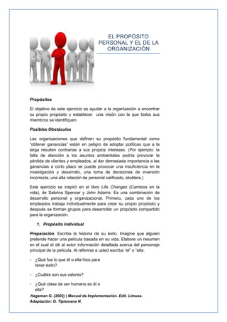 EL PROPÒSITO
                                    PERSONAL Y EL DE LA
                                      ORGANIZACIÒN




Propósitos

El objetivo de este ejercicio es ayudar a la organización a encontrar
su propio propósito y establecer una visión con la que todos sus
miembros se identifiquen.

Posibles Obstáculos

Las organizaciones que definen su propósito fundamental como
“obtener ganancias” están en peligro de adoptar políticas que a la
larga resulten contrarias a sus propios intereses. (Por ejemplo: la
falta de atención a los asuntos ambientales podría provocar la
pérdida de clientes y empleados, al dar demasiada importancia a las
ganancias a corto plazo se puede provocar una insuficiencia en la
investigación y desarrollo, una toma de decisiones de inversión
incorrecta, una alta rotación de personal calificado, etcétera.)

Este ejercicio se inspiró en el libro Life Changes (Cambios en la
vida), de Sabrina Spencer y John Adams. Es una combinación de
desarrollo personal y organizacional. Primero, cada uno de los
empleados trabaja individualmente para crear su propio propósito y
después se forman grupos para desarrollar un propósito compartido
para la organización.

   1. Propósito Individual

Preparación. Escriba la historia de su éxito. Imagine que alguien
pretende hacer una película basada en su vida. Elabore un resumen
en el cual el dé al actor información detallada acerca del personaje
principal de la película. Al referirse a usted escriba “el” o “ella:

- ¿Qué fue lo que él o ella hizo para
  tener éxito?

- ¿Cuáles son sus valores?

- ¿Qué clase de ser humano es él o
  ella?
Hageman G. (2002) | Manual de Implementación. Edit. Limusa.
Adaptación: O. Tipismana N.
 