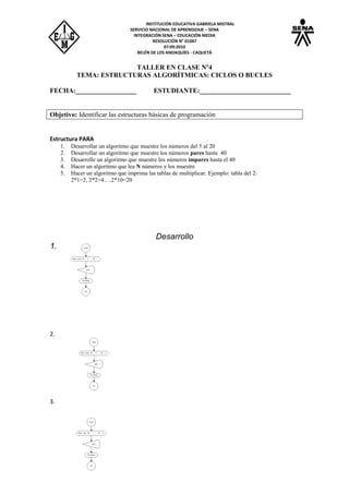 INSTITUCIÓN EDUCATIVA GABRIELA MISTRAL
SERVICIO NACIONAL DE APRENDIZAJE – SENA
INTEGRACIÓN SENA – EDUCACIÓN MEDIA
RESOLUCIÓN N° 01047
07:09:2010
BELÉN DE LOS ANDAQUÍES - CAQUETÁ
TALLER EN CLASE Nº4
TEMA: ESTRUCTURAS ALGORÍTMICAS: CICLOS O BUCLES
FECHA:__________________ ESTUDIANTE:___________________________
Objetivo: Identificar las estructuras básicas de programación
Estructura PARA
1. Desarrollar un algoritmo que muestre los números del 5 al 20
2. Desarrollar un algoritmo que muestre los números pares hasta 40
3. Desarrolle un algoritmo que muestre los números impares hasta el 40
4. Hacer un algoritmo que lea N números y los muestre
5. Hacer un algoritmo que imprima las tablas de multiplicar. Ejemplo: tabla del 2:
2*1=2, 2*2=4….2*10=20
Desarrollo
1.
2.
3.
 