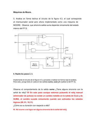 Máquinas de Moore. 
5. Analice en forma teórica el circuito de la figura 4.3, el cual corresponde al mismsumador serial pero ahora implementado como una máquina de MOORE. Observe que ahora la salida suma depende únicamente del estado interno del FF D. 
6. Repita los pasos 2, 3. 
Implemente el circuito de la figura 4.3 y proceda a realizar en forma real el análisis. 
Para esto, ponga leds en cada en las salidas suma, cout y C (salida Q del FF D). 
Observe el comportamiento de la salida suma ¿Tiene alguna sincronía con la señal de reloj? R/ En este paso aunque estemos pulsando el reloj manual (eliminador de pulsos) no existe un cambio notable en la salida de Cout y de SUMA, el cambio sucede únicamente cuando son activados los estados lógicos (00, 01, 10,11) 
¿Cómo es su duración con respecto a ella? 
R/. No ocurre o se logra ver alguna sincronía de la señal del reloj. 
 