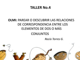 TALLER No.4


OLMI: PAREAR O DESCUBRIR LAS RELACIONES
      DE CORRESPONDENCIA ENTRE LOS
        ELEMENTOS DE DOS O MÁS
             CONJUNTOS
                     Rocío Torres G.
 