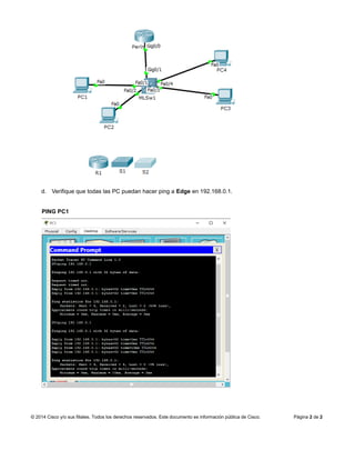 © 2014 Cisco y/o sus filiales. Todos los derechos reservados. Este documento es información pública de Cisco. Página 2 de 2
d. Verifique que todas las PC puedan hacer ping a Edge en 192.168.0.1.
PING PC1
 