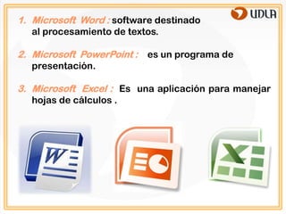 1. Microsoft Word : software destinado
  al procesamiento de textos.

2. Microsoft PowerPoint : es un programa de
  presentación.

3. Microsoft Excel : Es una aplicación para manejar
  hojas de cálculos .
 