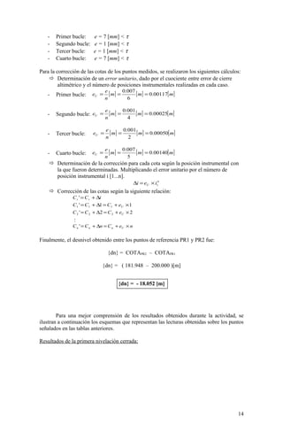 - Primer bucle: e = 7 [mm] < τ
- Segundo bucle: e = 1 [mm] < τ
- Tercer bucle: e = 1 [mm] < τ
- Cuarto bucle: e = 7 [mm] < τ
Para la corrección de las cotas de los puntos medidos, se realizaron los siguientes cálculos:
 Determinación de un error unitario, dado por el cuociente entre error de cierre
altimétrico y el número de posiciones instrumentales realizadas en cada caso.
- Primer bucle: [ ] [ ] [ ]mmm
n
e
eU 00117.0
6
007.0
===
- Segundo bucle: [ ] [ ] [ ]mmm
n
e
eU 00025.0
4
001.0
===
- Tercer bucle: [ ] [ ] [ ]mmm
n
e
eU 00050.0
2
001.0
===
- Cuarto bucle: [ ] [ ] [ ]mmm
n
e
eU 00140.0
5
007.0
===
 Determinación de la corrección para cada cota según la posición instrumental con
la que fueron determinadas. Multiplicando el error unitario por el número de
posición instrumental i [1...n].
n
U iei 1×=∆
 Corrección de las cotas según la siguiente relación:
iCC ii ∆+='
11' 111 ×+=∆+= UeCCC
22' 222 ×+=∆+= UeCCC
:
neCnCC Unnn ×+=∆+='
Finalmente, el desnivel obtenido entre los puntos de referencia PR1 y PR2 fue:
{dn} = COTAPR2 – COTAPR1
{dn} = ( 181.948 – 200.000 )[m]
{dn} = - 18.052 [m]
Para una mejor comprensión de los resultados obtenidos durante la actividad, se
ilustran a continuación los esquemas que representan las lecturas obtenidas sobre los puntos
señalados en las tablas anteriores.
Resultados de la primera nivelación cerrada:
14
 