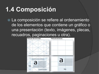 1.4 Composición
 La composición se refiere al ordenamiento
de los elementos que contiene un gráfico o
una presentación (texto, imágenes, plecas,
recuadros, paginaciones u otra).
 