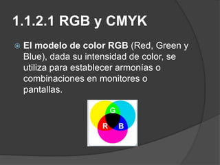 1.1.2.1 RGB y CMYK
 El modelo de color RGB (Red, Green y
Blue), dada su intensidad de color, se
utiliza para establecer armonías o
combinaciones en monitores o
pantallas.
 