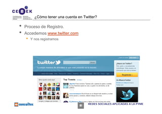 ¿Cómo tener una cuenta en Twitter?

•   Proceso de Registro.
•   Accedemos www.twitter.com
    •   Y nos registramos




 ...