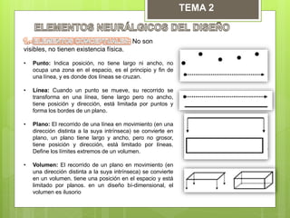 TEMA 2
No son
visibles, no tienen existencia física.
• Punto: Indica posición, no tiene largo ni ancho, no
ocupa una zona en el espacio, es el principio y fin de
una línea, y es donde dos líneas se cruzan.
• Línea: Cuando un punto se mueve, su recorrido se
transforma en una línea, tiene largo pero no ancho,
tiene posición y dirección, está limitada por puntos y
forma los bordes de un plano.
• Plano: El recorrido de una línea en movimiento (en una
dirección distinta a la suya intrínseca) se convierte en
plano, un plano tiene largo y ancho, pero no grosor,
tiene posición y dirección, está limitado por líneas.
Define los límites extremos de un volumen.
• Volumen: El recorrido de un plano en movimiento (en
una dirección distinta a la suya intrínseca) se convierte
en un volumen. tiene una posición en el espacio y está
limitado por planos. en un diseño bí-dimensional, el
volumen es ilusorio
 