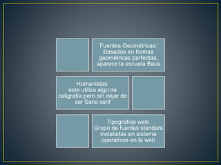 Fuentes Geométricas:
Basados en formas
geométricas perfectas,
aparece la escuela Baus
Humanistas:
este utiliza algo de
caligrafía pero sin dejar de
ser Sans serif
Tipografías web:
Grupo de fuentes standars
instaladas en sistema
operativos en la web
 