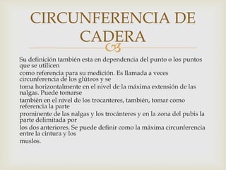 CIRCUNFERENCIA DE
CADERA



Su definición también esta en dependencia del punto o los puntos
que se utilicen
como referencia para su medición. Es llamada a veces
circunferencia de los glúteos y se
toma horizontalmente en el nivel de la máxima extensión de las
nalgas. Puede tomarse
también en el nivel de los trocanteres, también, tomar como
referencia la parte
prominente de las nalgas y los trocánteres y en la zona del pubis la
parte delimitada por
los dos anteriores. Se puede definir como la máxima circunferencia
entre la cintura y los
muslos.

 
