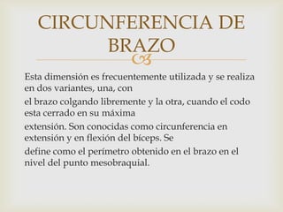CIRCUNFERENCIA DE
BRAZO



Esta dimensión es frecuentemente utilizada y se realiza
en dos variantes, una, con
el brazo colgando libremente y la otra, cuando el codo
esta cerrado en su máxima
extensión. Son conocidas como circunferencia en
extensión y en flexión del bíceps. Se
define como el perímetro obtenido en el brazo en el
nivel del punto mesobraquial.

 
