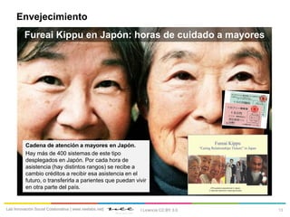13Lab Innovación Social Colaborativa | www.neelabs.net| I Licencia CC:BY 3.0
Fureai Kippu en Japón: horas de cuidado a mayores
Envejecimiento
Cadena de atención a mayores en Japón.
Hay más de 400 sistemas de este tipo
desplegados en Japón. Por cada hora de
asistencia (hay distintos rangos) se recibe a
cambio créditos a recibir esa asistencia en el
futuro, o transferirla a parientes que puedan vivir
en otra parte del país.
 
