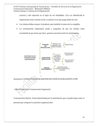 El SAV (Sistema Automatizado de Ventas) de hoy. - Portafolio de Servicios de la Organización:
Comunicación Empresarial - Relaciones Públicas
Normas internas y externas de la Organización
12
correcta y ello repercute en el logro de sus finalidades. Una vez identificada la
organización como sistema social, se analizó el rol que juega dentro de esta.
 Los clientes deben conocer el producto, pero también la marca de tu compañía.
 La comunicación empresarial ayuda a asegurarte de que tus clientes están
escuchando lo que tienes que decir. generar conciencia entre los destinatarios.
Ilustración 4 ESTRATEGIASPARAMEJORARTUSERVICIO.BLOGSPOT.COM
- Clasificación de la Comunicación Empresarial
Comunicación Interna: Estará determinada por la interrelación que se pueda lograr entre el
personal que compone la estructura organizacional.
 