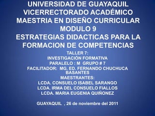UNIVERSIDAD DE GUAYAQUIL
  VICERRECTORADO ACADÉMICO
MAESTRIA EN DISEÑO CURRICULAR
           MODULO 9
ESTRATEGIAS DIDACTICAS PARA LA
 FORMACION DE COMPETENCIAS
                  TALLER 7:
          INVESTIGACIÓN FORMATIVA
           PARALELO : M GRUPO # 7
  FACILITADOR: MG. ED. FERNANDO CHUCHUCA
                  BASANTES
               MAESTRANTES:
      LCDA. CONSUELO ISABEL SARANGO
      LCDA. IRMA DEL CONSUELO FIALLOS
        LCDA. MARIA EUGENIA QUIÑONEZ

     GUAYAQUIL , 26 de noviembre del 2011
 