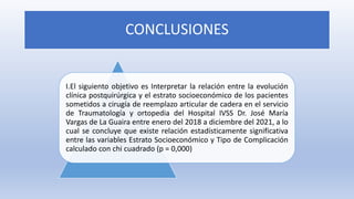 CONCLUSIONES
I.El siguiento objetivo es Interpretar la relación entre la evolución
clínica postquirúrgica y el estrato socioeconómico de los pacientes
sometidos a cirugía de reemplazo articular de cadera en el servicio
de Traumatología y ortopedia del Hospital IVSS Dr. José María
Vargas de La Guaira entre enero del 2018 a diciembre del 2021, a lo
cual se concluye que existe relación estadísticamente significativa
entre las variables Estrato Socioeconómico y Tipo de Complicación
calculado con chi cuadrado (p = 0,000)
 