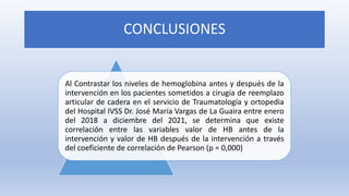 CONCLUSIONES
Al Contrastar los niveles de hemoglobina antes y después de la
intervención en los pacientes sometidos a cirugía de reemplazo
articular de cadera en el servicio de Traumatología y ortopedia
del Hospital IVSS Dr. José María Vargas de La Guaira entre enero
del 2018 a diciembre del 2021, se determina que existe
correlación entre las variables valor de HB antes de la
intervención y valor de HB después de la intervención a través
del coeficiente de correlación de Pearson (p = 0,000)
 