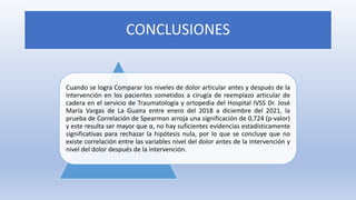 CONCLUSIONES
Cuando se logra Comparar los niveles de dolor articular antes y después de la
intervención en los pacientes sometidos a cirugía de reemplazo articular de
cadera en el servicio de Traumatología y ortopedia del Hospital IVSS Dr. José
María Vargas de La Guaira entre enero del 2018 a diciembre del 2021, la
prueba de Correlación de Spearman arroja una significación de 0,724 (p-valor)
y este resulta ser mayor que α, no hay suficientes evidencias estadísticamente
significativas para rechazar la hipótesis nula, por lo que se concluye que no
existe correlación entre las variables nivel del dolor antes de la intervención y
nivel del dolor después de la intervención.
 