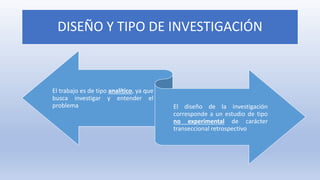 DISEÑO Y TIPO DE INVESTIGACIÓN
El trabajo es de tipo analítico, ya que
busca investigar y entender el
problema El diseño de la investigación
corresponde a un estudio de tipo
no experimental de carácter
transeccional retrospectivo
 