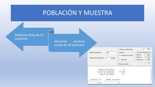 POBLACIÓN Y MUESTRA
Población finita de 52
pacientes
Muestreo aleatorio
simple de 40 pacientes
 