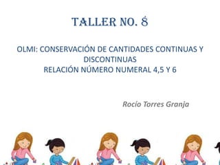TALLER No. 8

OLMI: CONSERVACIÓN DE CANTIDADES CONTINUAS Y
                 DISCONTINUAS
       RELACIÓN NÚMERO NUMERAL 4,5 Y 6



                        Rocío Torres Granja
 