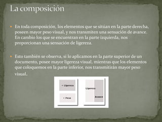  En toda composición, los elementos que se sitúan en la parte derecha,
poseen mayor peso visual, y nos transmiten una sensación de avance.
En cambio los que se encuentran en la parte izquierda, nos
proporcionan una sensación de ligereza.
 Esto también se observa, si lo aplicamos en la parte superior de un
documento, posee mayor ligereza visual, mientras que los elementos
que coloquemos en la parte inferior, nos transmitirán mayor peso
visual.
 