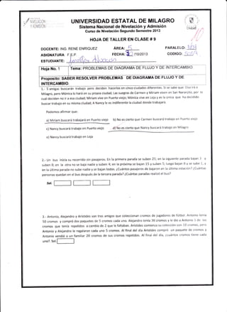UNIVERS¡DAD ESTATAL DE MILAGRO
Sistema Nacional de Nivelación y Admisión

iu';,
üÉid

Curso de Nivelación Segundo Semestre 2013

¿(,

HOJA DE TALLER EN CLASE # 9
DOCENTE: ING. RENE ENRIGUEZ

ASIGNATURA:

F-

ÁR*:
FECHA:

5
fu,pno'ts

.

tl

PARALELO.

M+I

CODIGO: 5r

l6j

ESTUDIANTE:

MA DE FLUJO Y DE INTERCAMBIO.

propos¡to: SABER RE§OLVER PROBLEñ|AS DE DIAGRAÍU|A DE FLUJO Y DE
INTERCATUIBIO.

@párodecidenhacerlosencincociudadesdiferentes.Sisesabeque:Elsairáa
por

lo
Narani¡to,
Milagro, pero Mónica lo hará en su propia ciudad; Las suegras de Carmen y Miriam viven en San
que ha decidido
y
cual deciden no ir a esa ciudad; Miriam vive en Puerto viejo; Mónica vive en Loja es la única
la cisdad donde trabajará.
buscar trabajo en su misma ciudad; A Nancy te es indiferente
Podernos afirmar que:
a) Miriam buscará trabajará en Puerto viejo
c) Nancy buscará trabajo en Puerto viejo

b) No es cierto que Carmen buscará trabajo en Puerto viejo

-df Ño es cierto que Nancy buscará trabaio en Milagro

e) Nancy buscará trabajo en Loja

y
Un bus inicia su recorrido sin pasajeros. En la primera parada se suben 25; en la siguiente parada bajan 3
8 y se sube 1, y
suben B; en ia otra no se baja nadie y suben 4; en la próxima se bajan 15 y suben 5; luego bajan
Z.-

en la úitima parada no sube nadie yse bajan todos, écuántos pasajeros de baiaron en la última estación? écuántas
personas quedan en el bus después de la tercera parada? éCuántas paradas realizó el bus?

jugadores de fútbol' Antonio tenía
3.- Antonio, Aiejandro y Arístides son tres amigos gue coleccionan cromos de
los
50 cromos y compré dos paquetes de 5 cromos cada uno. Alejandro tenía 30 cromos y le dio a Antonio 5 de
pero
cromos que tenía repetidos a cambio de 2 que le faltaban. Arístides comienza su colección con 10 cromos,
final del día Arístides compró un paquete de cromos y
Antonio y Alejandro le regalaron cada uno 5 cromos. Al
Antonio vendió a un familiar 20 cromos de sus cromos repetidcs. A{ final del día, ¿cuántos cromos tiene cada

uno¡.

sol.l--_l

 