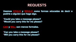 REQUESTS
Usamos COULD y WOULD como formas educadas de decir o
pedirle a alguien que haga algo.
*Could you take a message please?
*Would you carry this for me please?
CAN y WILL son menos formales.
*Can you take a message please?
*Will you carry this for me please?
 