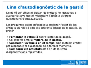Eina d’autodiagnòstic de la gestió
L'eina té per objectiu ajudar les entitats no lucratives a
avaluar la seva gestió mitjançant l’accés a diversos
qüestionaris d'autoavaluació.

Les preguntes estan enfocades a analitzar l'estat de les
entitats en relació amb els diferents àmbits de la gestió. Es
pretén:

 • Fomentar la reflexió sobre l'estat de la gestió.
 • Col·laborar amb la millora de la gestió.
 • Controlar l'evolució en el temps. Una mateixa entitat
pot respondre el qüestionari en diferents moments.
 • Comparar els resultats amb els de la resta
d'organitzacions registrades.
 