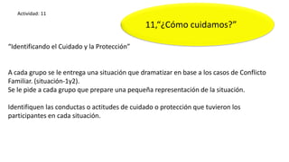 “Identificando el Cuidado y la Protección”
A cada grupo se le entrega una situación que dramatizar en base a los casos de Conflicto
Familiar. (situación-1y2).
Se le pide a cada grupo que prepare una pequeña representación de la situación.
Identifiquen las conductas o actitudes de cuidado o protección que tuvieron los
participantes en cada situación.
11,“¿Cómo cuidamos?”
Actividad: 11
 