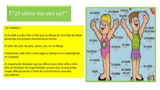 ACTIVIDAD 7:
Se le pide a cada niño y niña que se dibuje en una hoja de block
poniendo sus propias características físicas.
El color de ojos, de pelo, altura, etc. en el dibujo.
Finalmente cada niño y niña pega su dibujo en un papelógrafo
en la pared.
Es importante destacar que las diferencias entre niño y niña
sólo se focalizan en la genitalidad, ya que aún no presentan
mayor diferenciación a nivel de características sexuales
secundarias.
7.“¿Y cómo me veo yo?”
 
