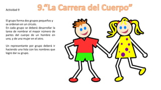 Actividad 9
El grupo forma dos grupos pequeños y
se ordenan en un círculo.
En cada grupo se deberá desarrollar la
tarea de nombrar el mayor número de
partes del cuerpo de un hombre en
uno, y de una mujer en el otro.
Un representante por grupo deberá ir
haciendo una lista con los nombres que
logre dar su grupo.
 