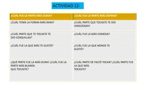 ¿CUÁL FUE LA PARTE MÁS SUAVE? ¿CUÁL FUE LA PARTE MÁS ÁSPERA?
¿CUÁL TENÍA LA FORMA MÁS RARA? ¿CUÁL PARTE QUE TOCASTE TE DIO
VERGÜENZA?
¿CUÁL PARTE QUE TE TOCASTE TE
DIO COSQUILLAS?
¿CUÁL FUE LA MÁS HÚMEDA?
¿CUÁL FUE LA QUE MÁS TE GUSTÓ? ¿CUÁL FUE LA QUE MENOS TE
GUSTÓ?
¿QUÉ PARTE FUE LA MÁS DURA? ¿CUÁL FUE LA
PARTE MÁS BLANDA
QUE TOCASTE?
¿CUÁL PARTE DE FALTÓ TOCAR? ¿CUÁL PARTE FUE
LA QUE MÁS
TOCASTE?
ACTIVIDAD 12-
 
